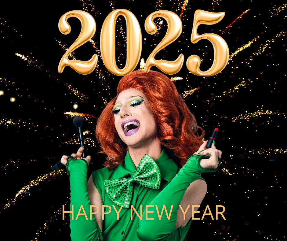 Smiling drag queen with makeup tools, Happy New Year 2025!